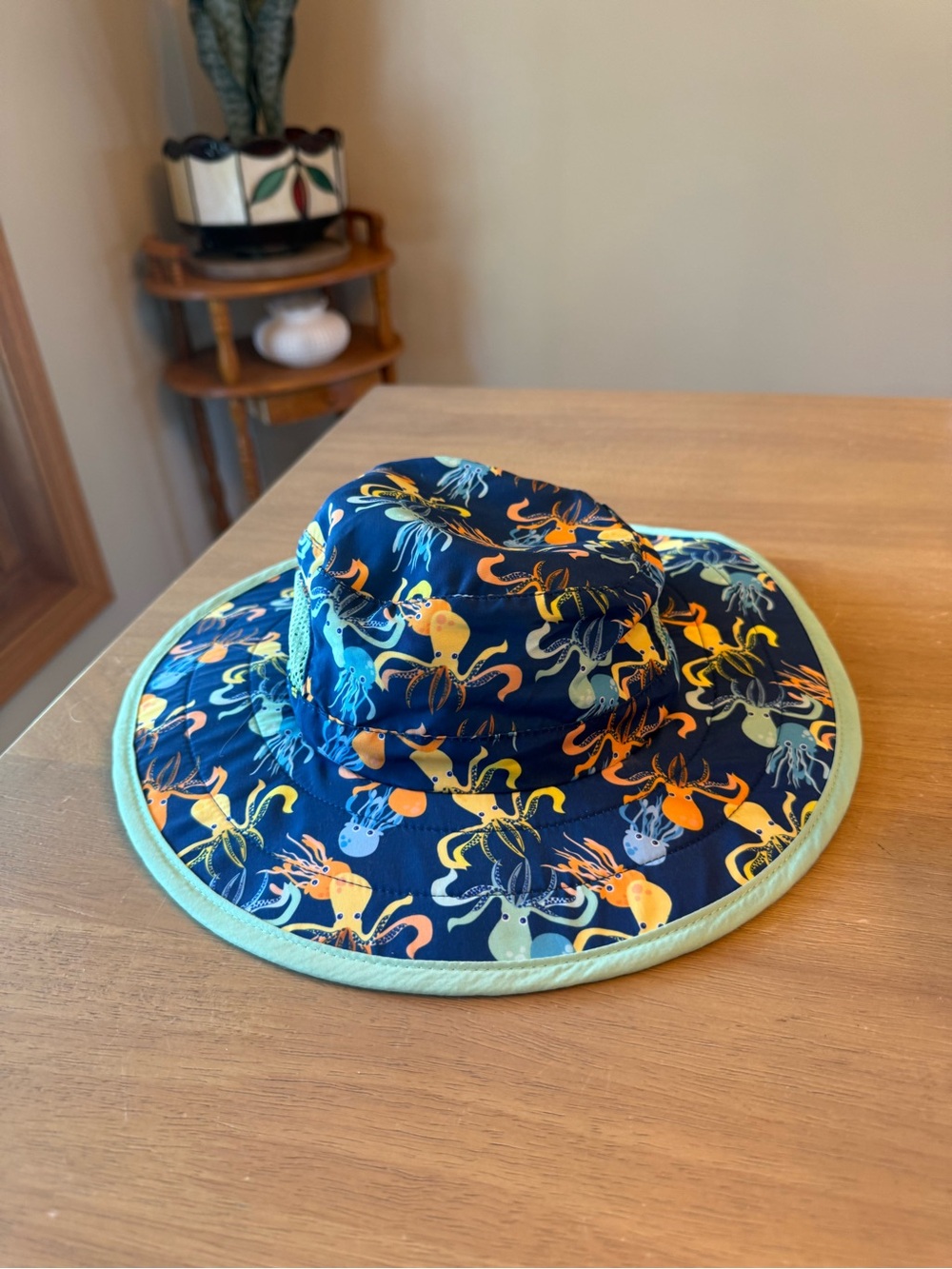 Addie and Tate Kids Navy Octopus Sun Hat with Lime Trim and Multicolor Print